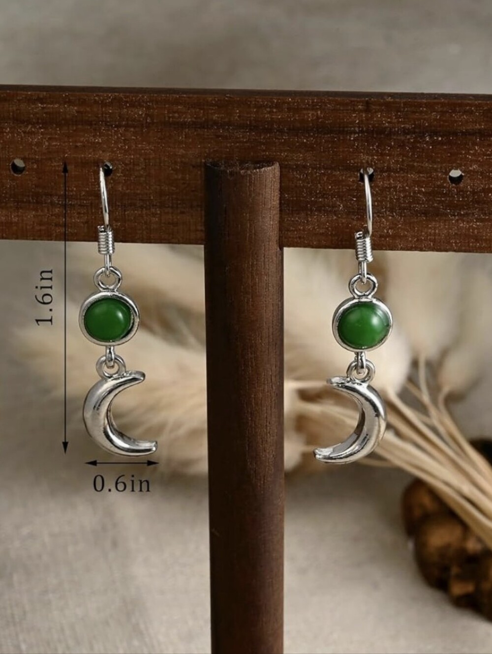 Crescent Moon And Green Stone Earrings - Picture 7 of 7